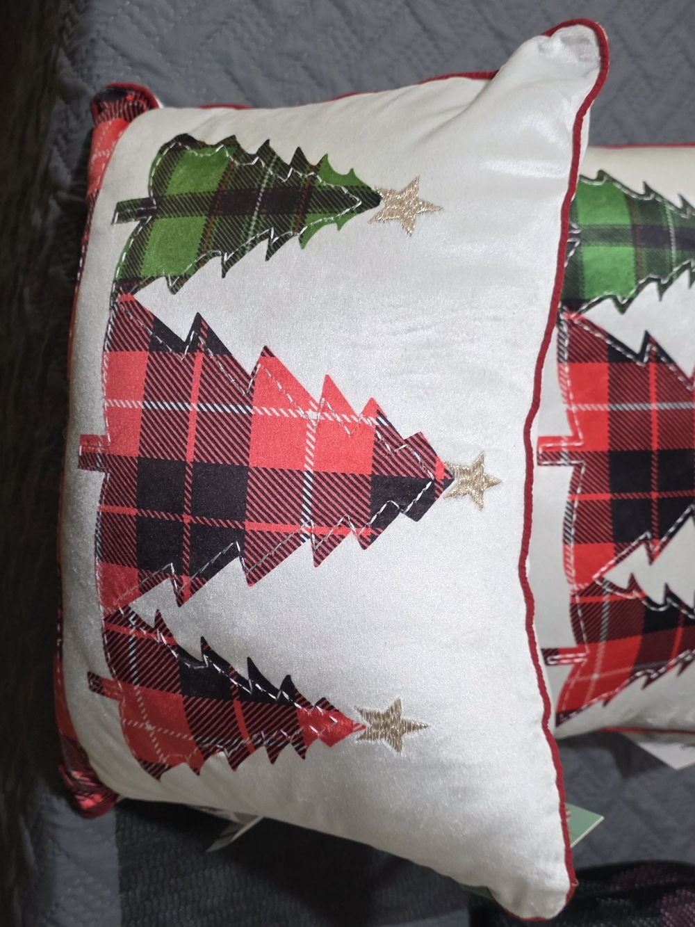 Holiday Plaid Pine Tree Throw Pillow - White, Red & Green